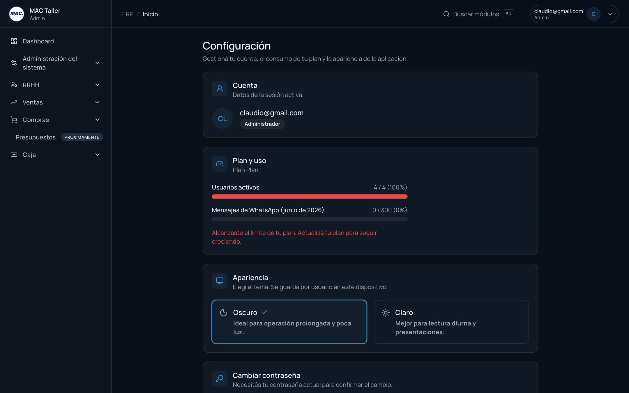 Pantalla de Configuración completa