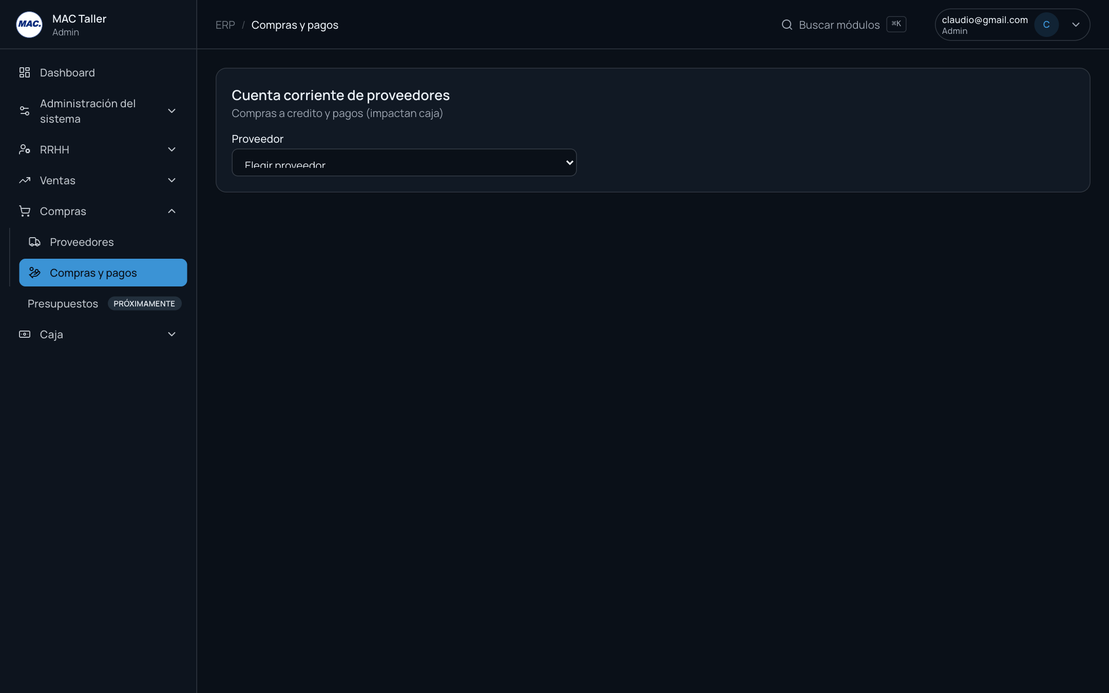 Pantalla de compras y pagos