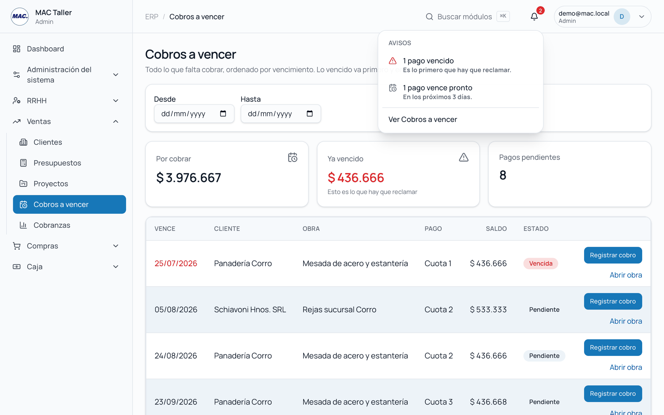 Cobros a vencer, con la campana abierta