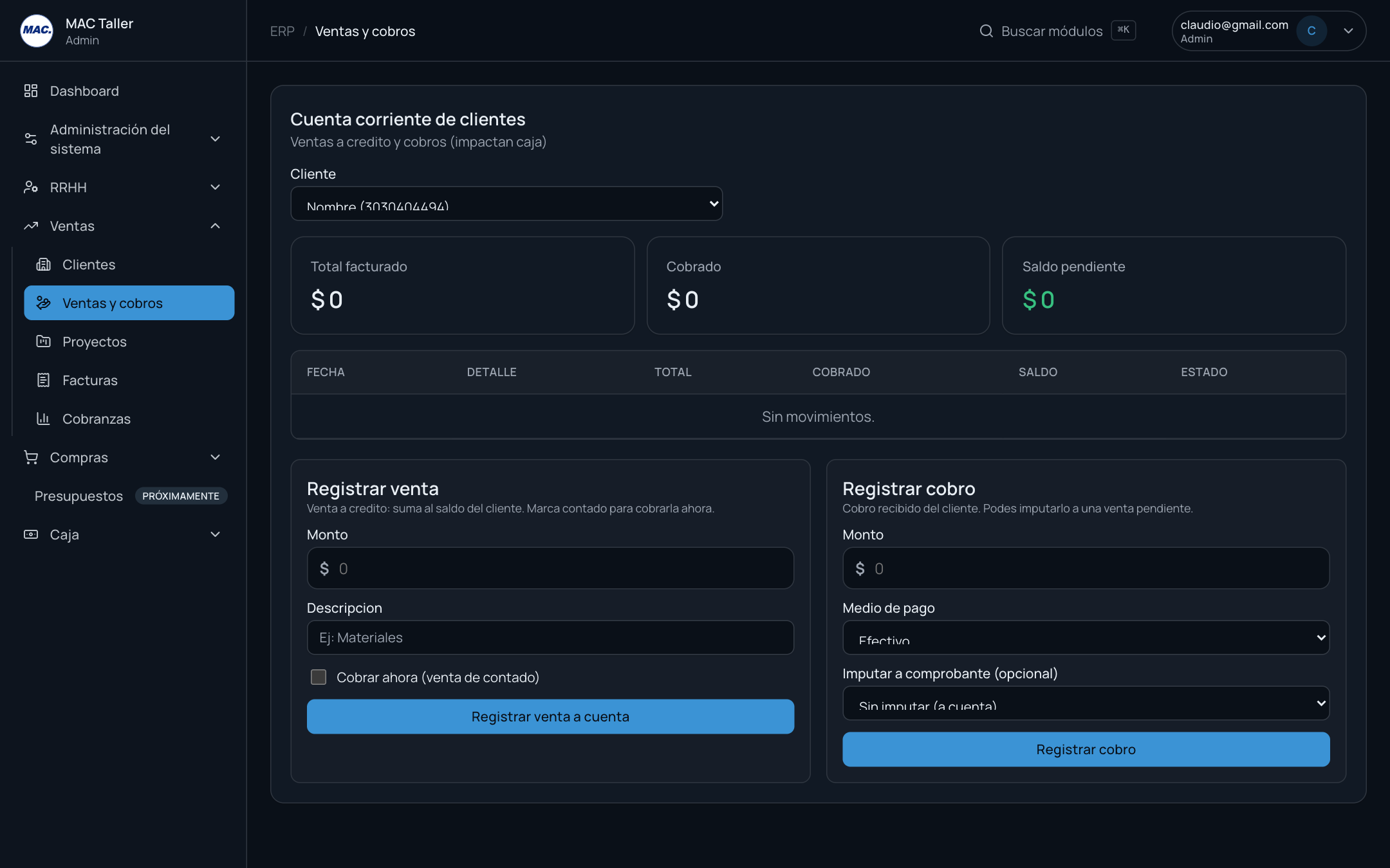Cuenta corriente del cliente con los formularios de venta y cobro